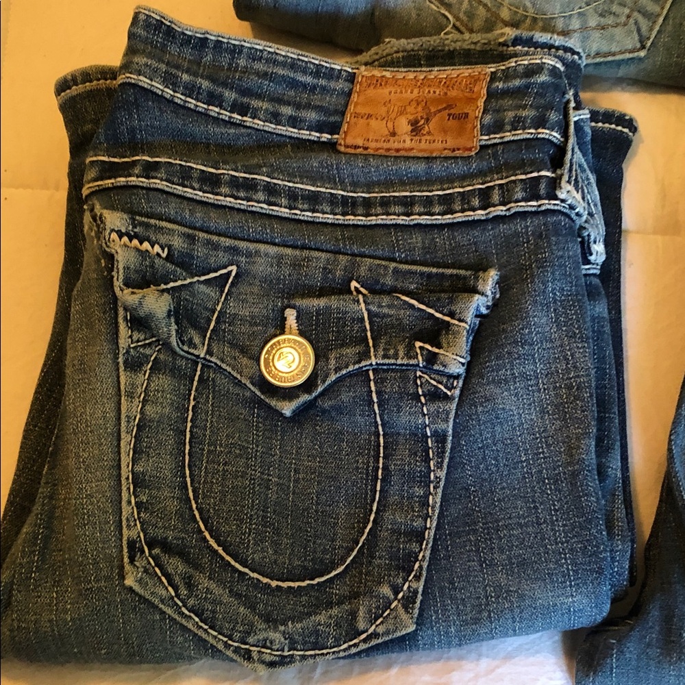 True Religion Women's Blue Bootcut Jeans with Signature Flap Pockets